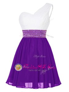 New Style White And Purple Empire Chiffon One Shoulder Sleeveless Beading Mini Length Zipper Dress for Prom