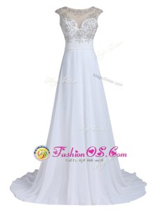 Hot Sale Scoop White Sleeveless With Train Beading Backless Evening Outfits