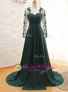 Teal Satin Zipper Mother Of The Bride Dress Long Sleeves With Train Lace