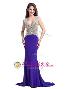 Hot Sale Sleeveless With Train Beading Backless Prom Gown with Purple Brush Train