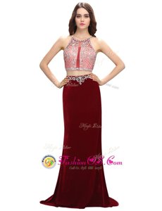 Scoop Burgundy Elastic Woven Satin Criss Cross Celebrity Style Dress Sleeveless With Train Sweep Train Beading and Appliques