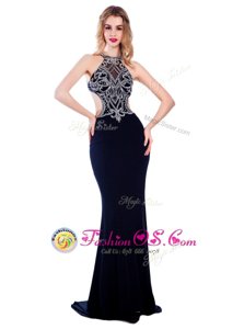 Fantastic With Train Navy Blue Prom Dresses High-neck Sleeveless Sweep Train Criss Cross