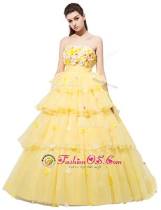 Suitable Sleeveless With Train Ruffled Layers and Hand Made Flower Lace Up Homecoming Dress with Yellow