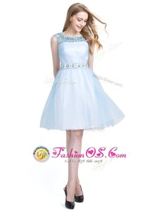 Light Blue Tulle Zipper Scoop Sleeveless Knee Length Club Wear Beading