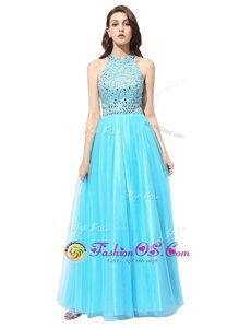 Scoop Aqua Blue Sleeveless Floor Length Beading Zipper Homecoming Dresses