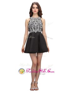 Elegant Black A-line Satin Scoop Sleeveless Beading Mini Length Zipper Prom Party Dress