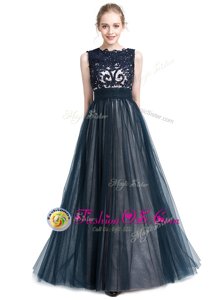 Great Floor Length Navy Blue Homecoming Gowns Scalloped Sleeveless Zipper