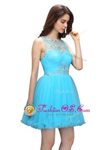 Baby Blue Column/Sheath Chiffon Scoop Sleeveless Beading Mini Length Zipper Dress for Prom