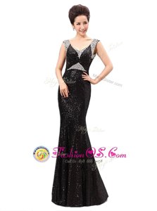 Black Column/Sheath V-neck Sleeveless Sequined Floor Length Zipper Sequins Prom Dress