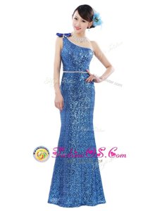 Blue Column/Sheath One Shoulder Sleeveless Sequined Floor Length Zipper Sequins Prom Party Dress
