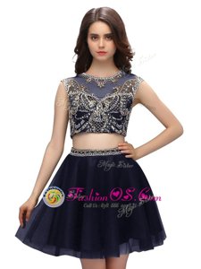 Amazing Navy Blue Scoop Neckline Beading Prom Gown Sleeveless Criss Cross