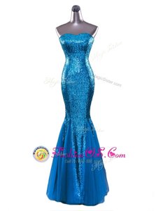 Hot Selling Blue Mermaid Sequined Strapless Sleeveless Sequins Floor Length Zipper Prom Party Dress