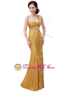 Gold Zipper Dress for Prom Sequins Sleeveless Floor Length