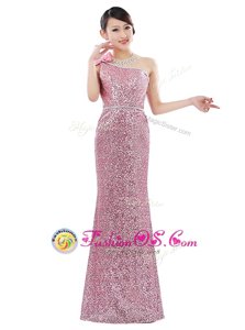 On Sale One Shoulder Sequins Floor Length Column/Sheath Sleeveless Pink Zipper