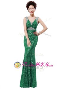 Green Zipper Prom Party Dress Sequins Sleeveless Floor Length