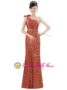 Elegant One Shoulder Sleeveless Zipper Floor Length Beading and Sequins Prom Dress