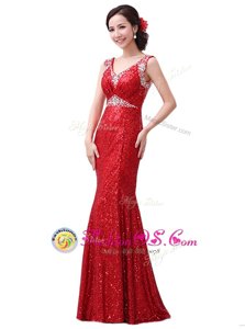 Sequins Floor Length Column/Sheath Sleeveless Red Prom Evening Gown Zipper