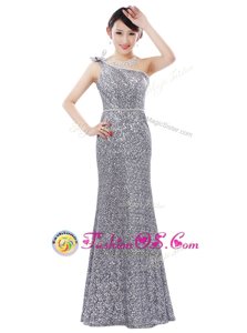 Custom Fit One Shoulder Sequins Floor Length Column/Sheath Sleeveless Silver Prom Dress Zipper