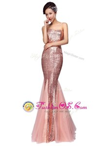 Mermaid Strapless Sleeveless Prom Gown Floor Length Sequins Pink Sequined