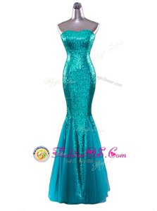 Captivating Mermaid Turquoise Zipper Dress for Prom Sequins Sleeveless Floor Length