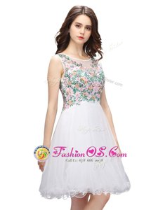 Scoop White Organza Zipper Prom Gown Sleeveless Mini Length Beading and Embroidery