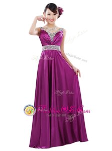 Super Fuchsia Elastic Woven Satin Zipper V-neck Sleeveless Floor Length Mother Of The Bride Dress Beading