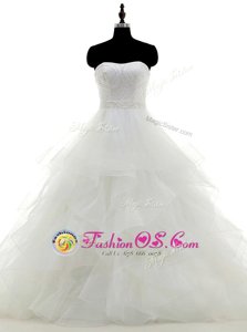 White A-line Strapless Sleeveless Organza Floor Length Clasp Handle Beading and Ruffles Bridal Gown
