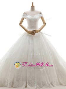 Fine Off the Shoulder White A-line Lace and Appliques Wedding Gown Lace Up Tulle Sleeveless With Train