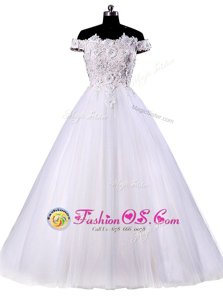Dramatic White Wedding Gowns Wedding Party and For with Appliques Off The Shoulder Sleeveless Lace Up