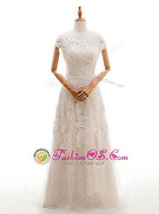Romantic Lace Scoop Cap Sleeves Court Train Clasp Handle Appliques Wedding Dress in Champagne