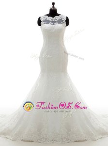 Luxurious Mermaid Scoop Sleeveless Court Train Appliques Clasp Handle Bridal Gown