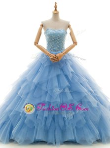 Glittering With Train A-line Sleeveless Baby Blue Wedding Gown Court Train Lace Up