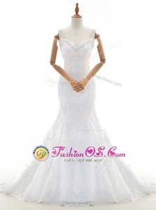 Enchanting Mermaid White Backless Straps Beading and Lace Wedding Dresses Lace Sleeveless Court Train