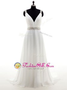 Shining White Sleeveless With Train Beading Zipper Wedding Gowns