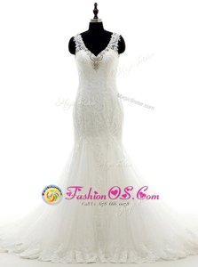 Mermaid Tulle and Lace V-neck Sleeveless Brush Train Backless Beading Wedding Gown in White