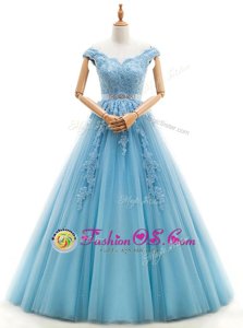 Spectacular Floor Length Baby Blue Wedding Gowns V-neck Cap Sleeves Lace Up