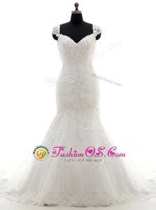 White Mermaid Sweetheart Cap Sleeves Tulle With Brush Train Lace Up Beading and Appliques Wedding Dress