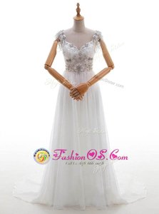Fitting White Chiffon Side Zipper V-neck Cap Sleeves With Train Wedding Gown Chapel Train Beading and Bowknot
