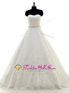 Designer Sleeveless With Train Beading and Lace Lace Up Wedding Gown with White Brush Train