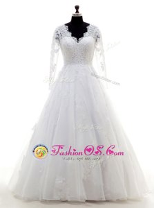 Long Sleeves Clasp Handle Floor Length Beading and Lace and Appliques Bridal Gown