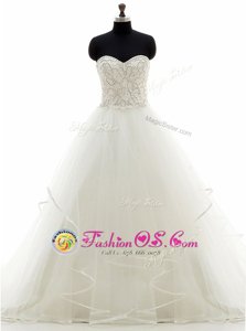 Dramatic White Ball Gowns Sweetheart Sleeveless Organza With Brush Train Lace Up Beading and Ruffles Wedding Dress