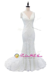 High End Mermaid With Train White Wedding Dresses Lace Brush Train Cap Sleeves Lace