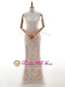 Eye-catching Floor Length Zipper Wedding Gown Champagne and In with Lace