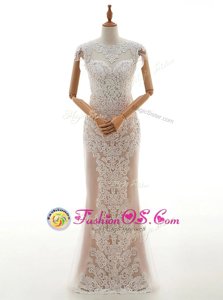 Eye-catching Floor Length Zipper Wedding Gown Champagne and In with Lace