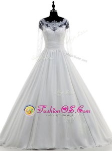 Elegant Scalloped White 3|4 Length Sleeve Chiffon Brush Train Zipper Wedding Gown for Wedding Party