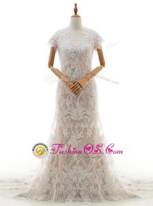Mermaid White Lace Clasp Handle Bridal Gown Cap Sleeves With Train Chapel Train Lace and Appliques