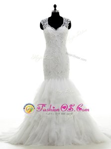 Mermaid With Train White Wedding Gown V-neck Sleeveless Brush Train Clasp Handle