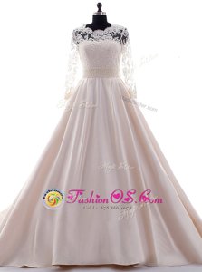 Fancy Pink Clasp Handle Scalloped Beading and Lace Wedding Gown Satin 3|4 Length Sleeve Brush Train