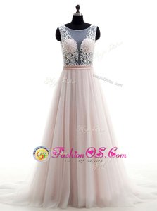 Scoop Pink Sleeveless Brush Train Lace With Train Wedding Dresses