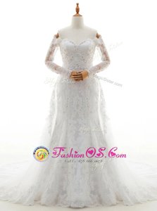 High Quality Off the Shoulder Long Sleeves Lace With Brush Train Lace Up Wedding Dress in White for with Beading and Lace